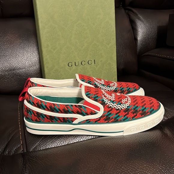 GUCCI Web logo Houndstooth Interlocking GG Mens 1977 Tennis Slip On Sneakers NWB - Picture 10 of 11